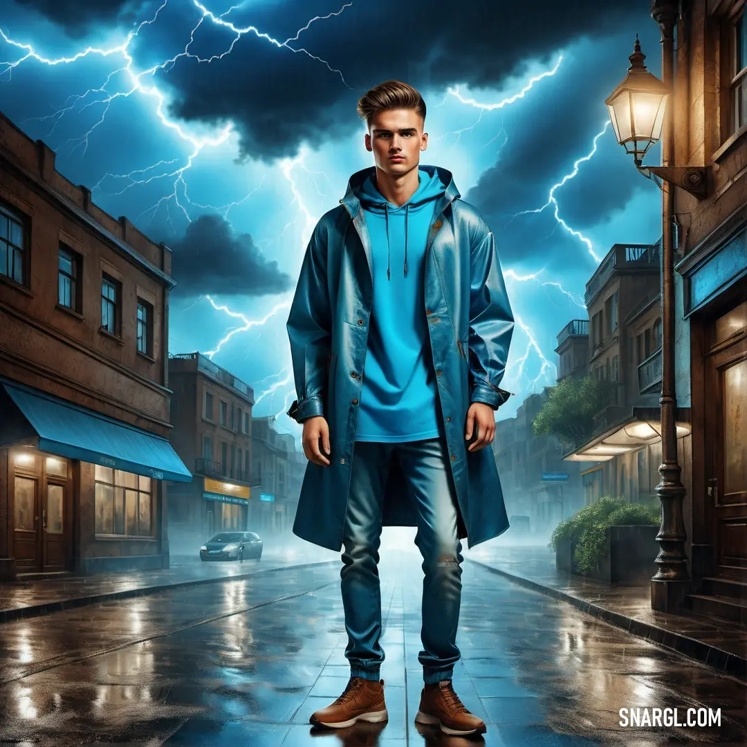 Man standing in the middle of a street under a lightning storm with a blue coat on