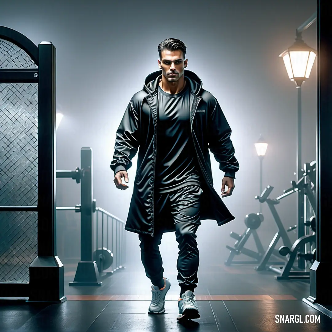 Man walking down a hallway in a black coat and sunglasses with a hoodie on and a light on