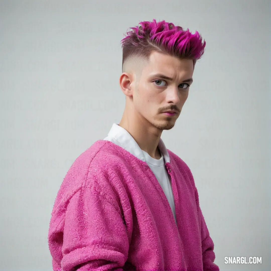 Man with a pink mohawk and a pink sweater on a gray background with a white shirt on