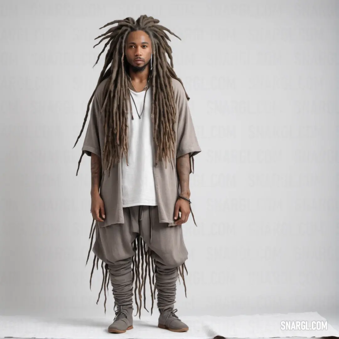 Man with dreadlocks standing in front of a white background wearing a white shirt and grey pants