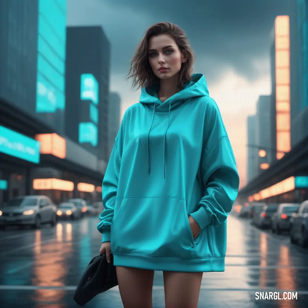 Woman in a blue hoodie is standing in the rain in a city street with cars and buildings