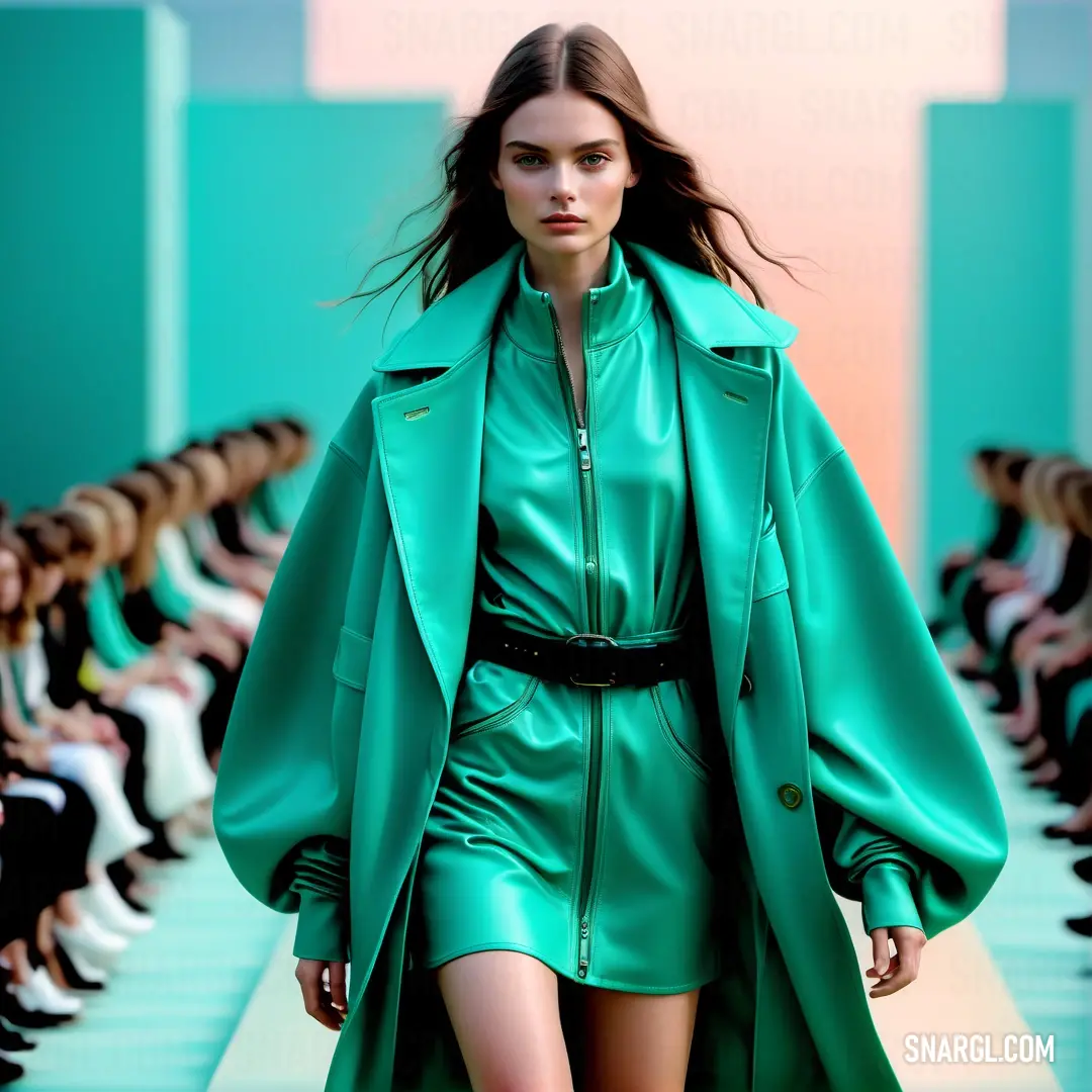 Woman in a green dress and coat walking down a runway with a crowd of people in the background