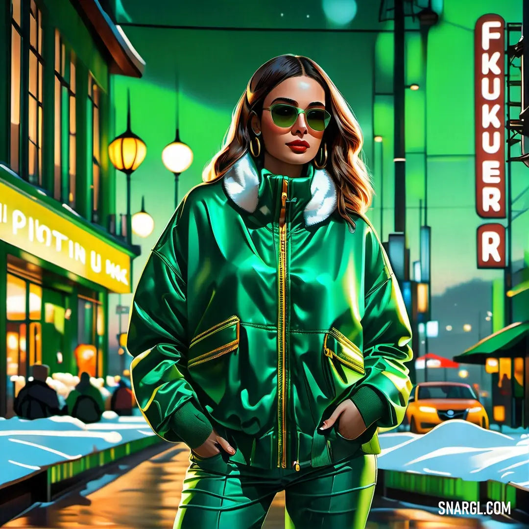 Woman in a green jacket and sunglasses standing in the street at night with a neon sign in the background