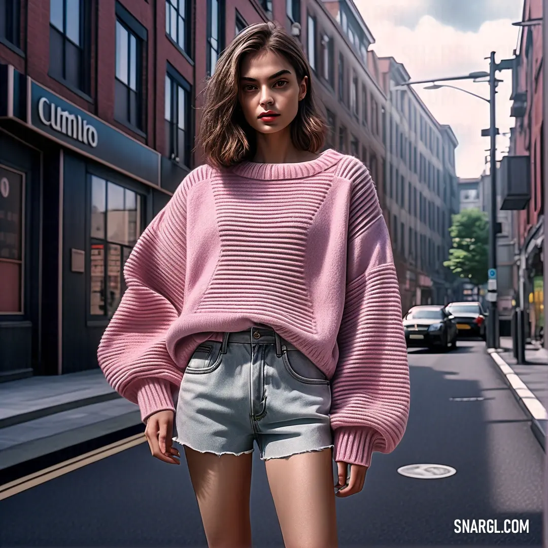 Woman in a pink sweater and shorts standing on a street corner in front of a building with a sign that says cumino