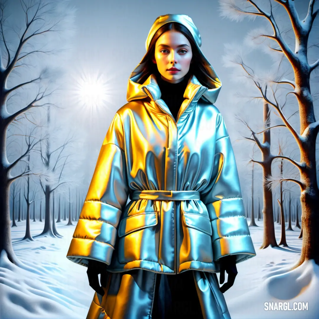 Woman in a shiny coat standing in the snow in a snowy forest with trees and sun shining through the trees