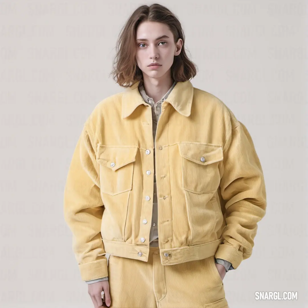 Woman in a yellow jacket and pants standing up against a white wall with her hands in her pockets