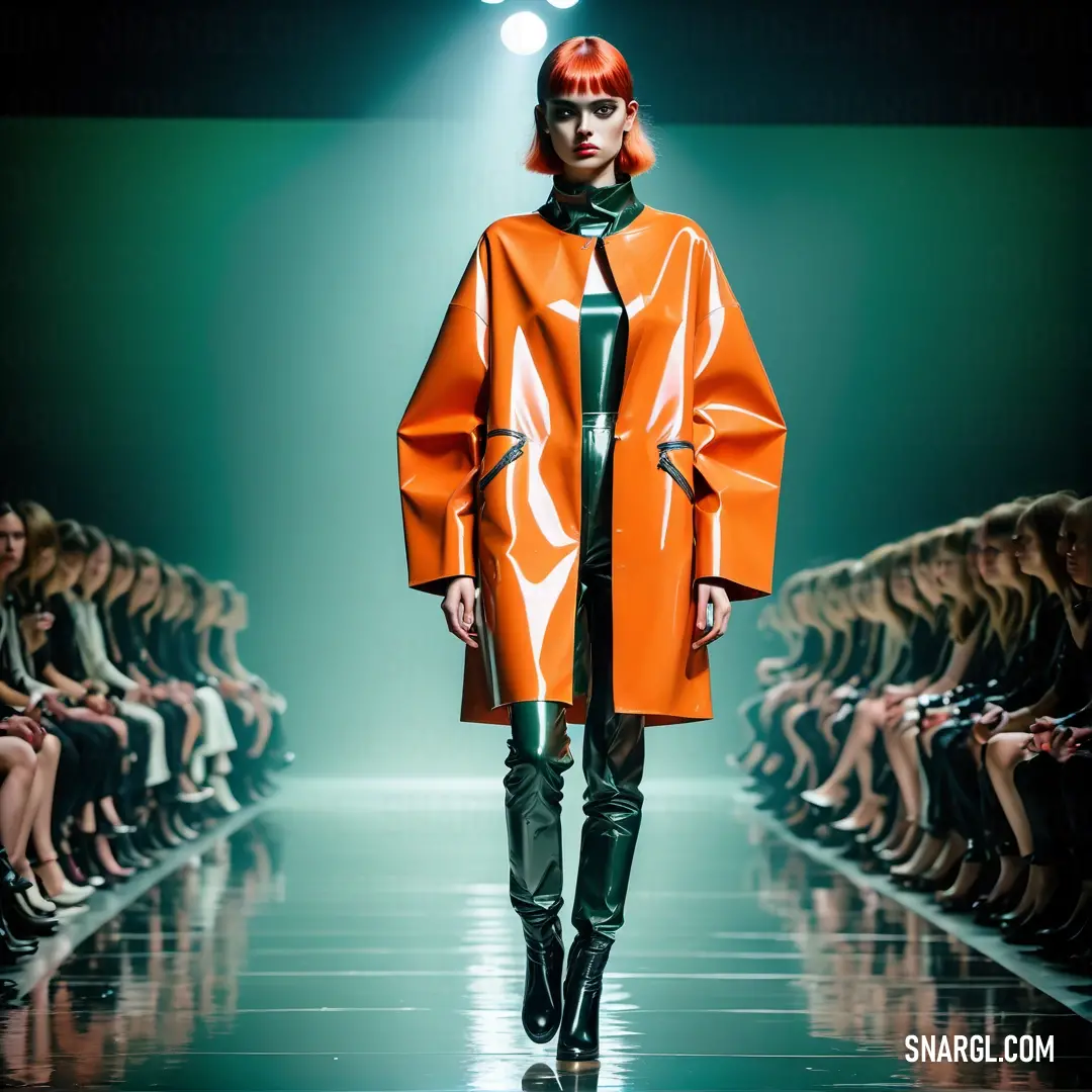 Woman in an orange coat and black pants walks down a runway with a large crowd of people watching