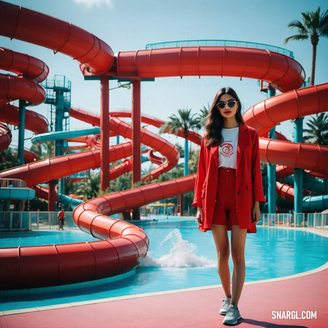 Woman standing in front of a water park with a red slide in the background