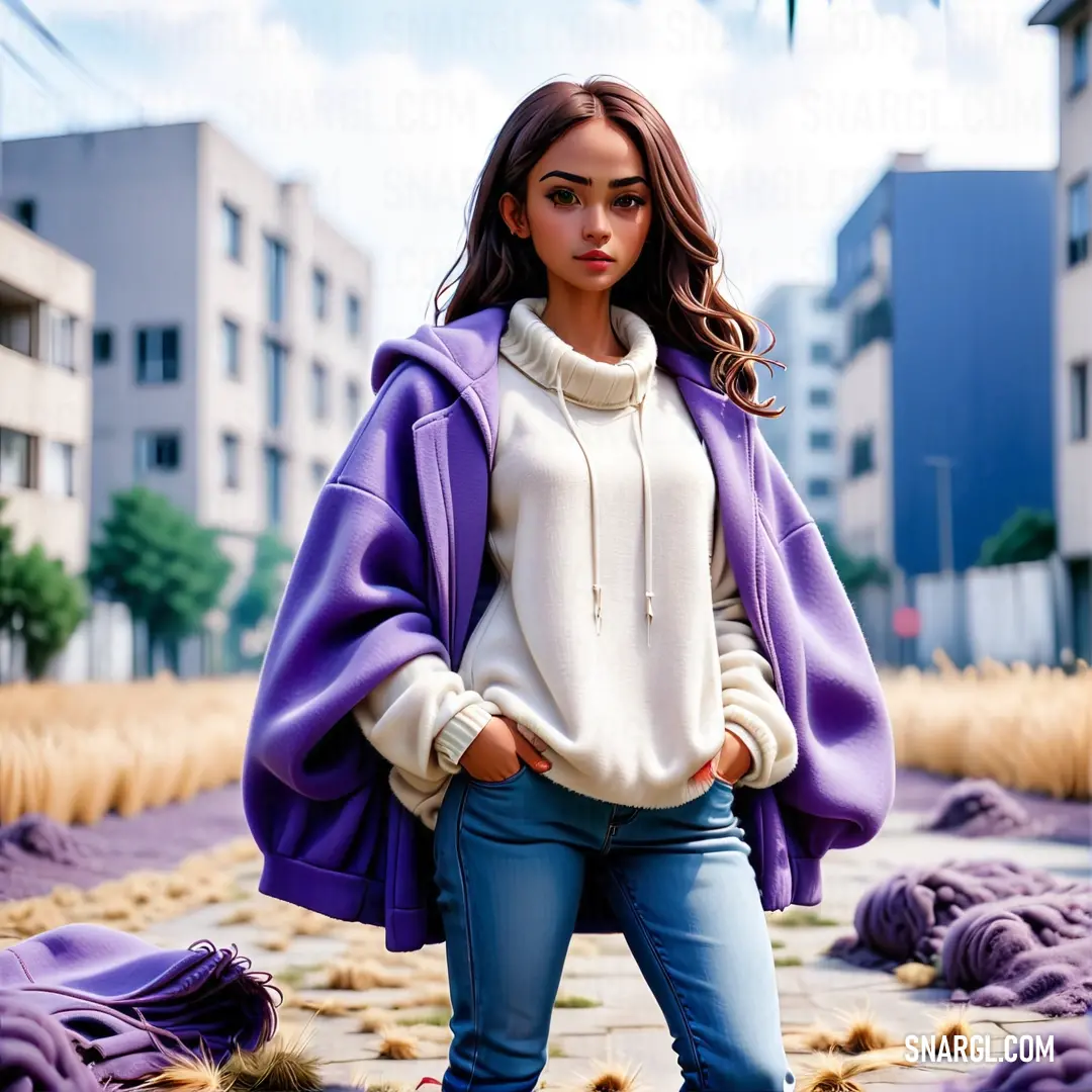 Woman standing on a sidewalk in a purple jacket and jeans with a white sweater and red shoes on