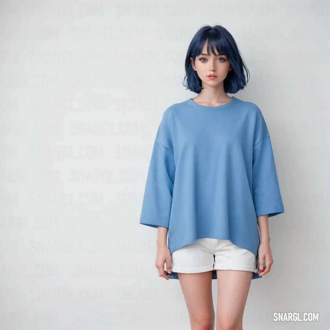 Woman with blue hair and a blue top is standing in front of a white wall and wearing white shorts