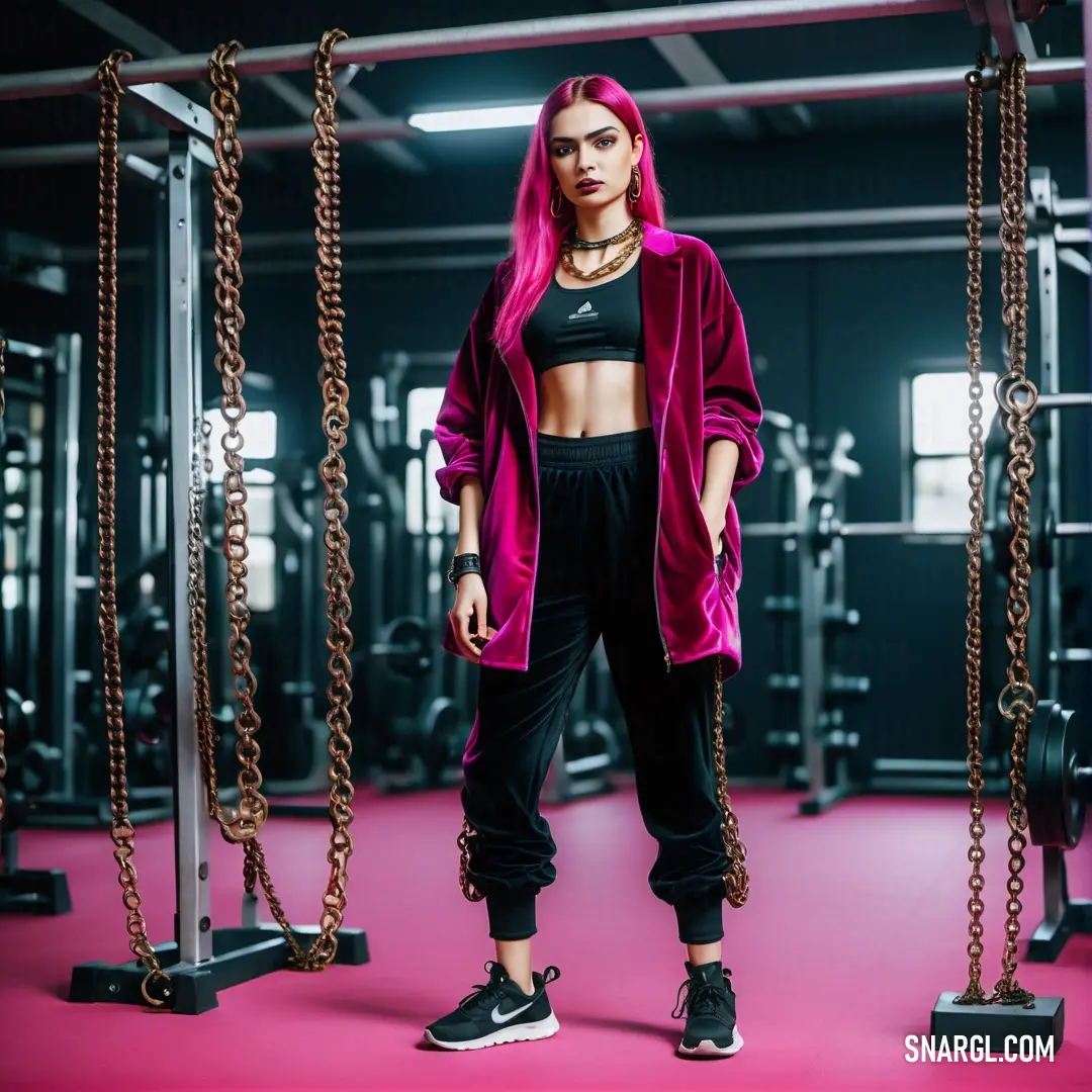 Woman with pink hair standing in a gym area with a pink background and a pink floor