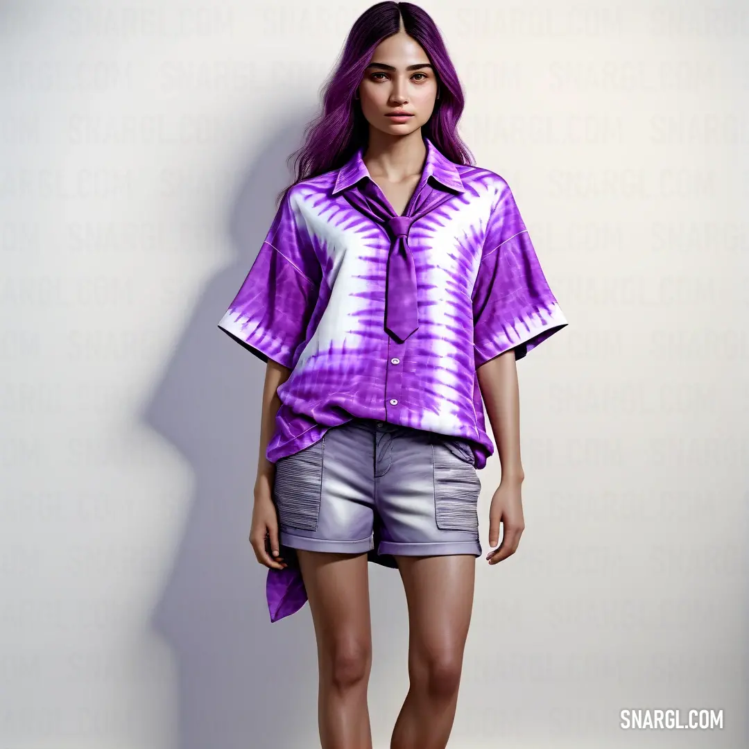 Woman with purple hair wearing a purple shirt and shorts and a pair of shoes on the floor in front of a white wall