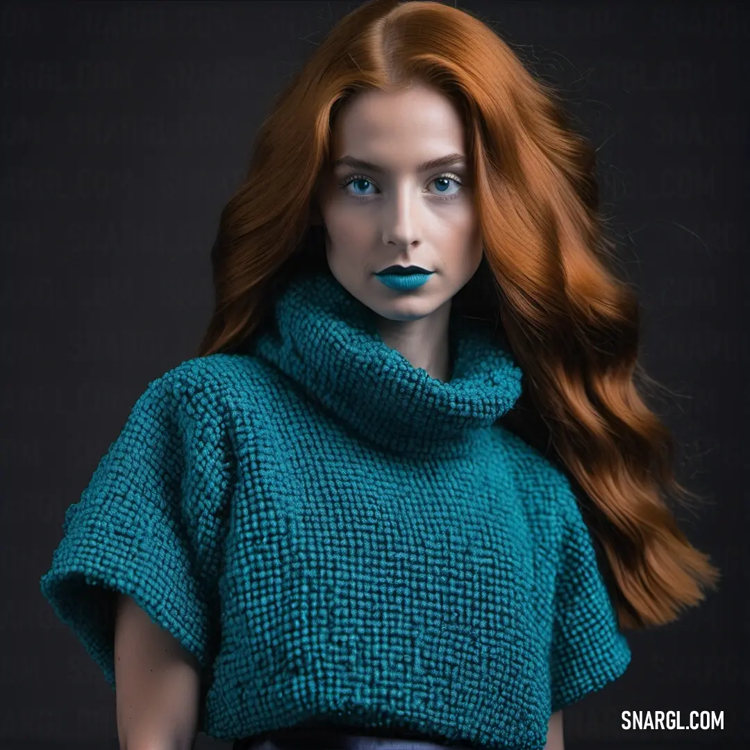 Woman with red hair and blue eyes wearing a green sweater and scarf with a black background
