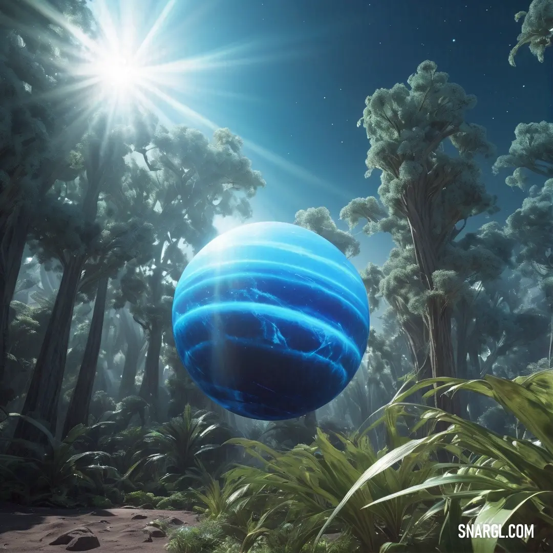 Blue ball floating in the air in a forest filled with trees and plants with the sun shining through the clouds