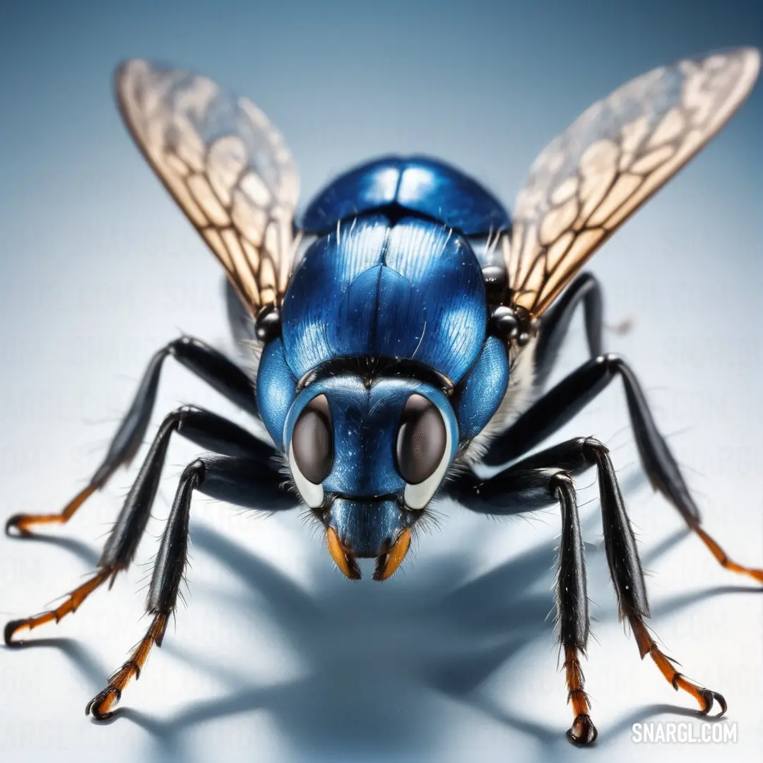 Blue fly with a large black head and yellow legs and a black nose and legs, with a white background. Color RGB 0,33,71.