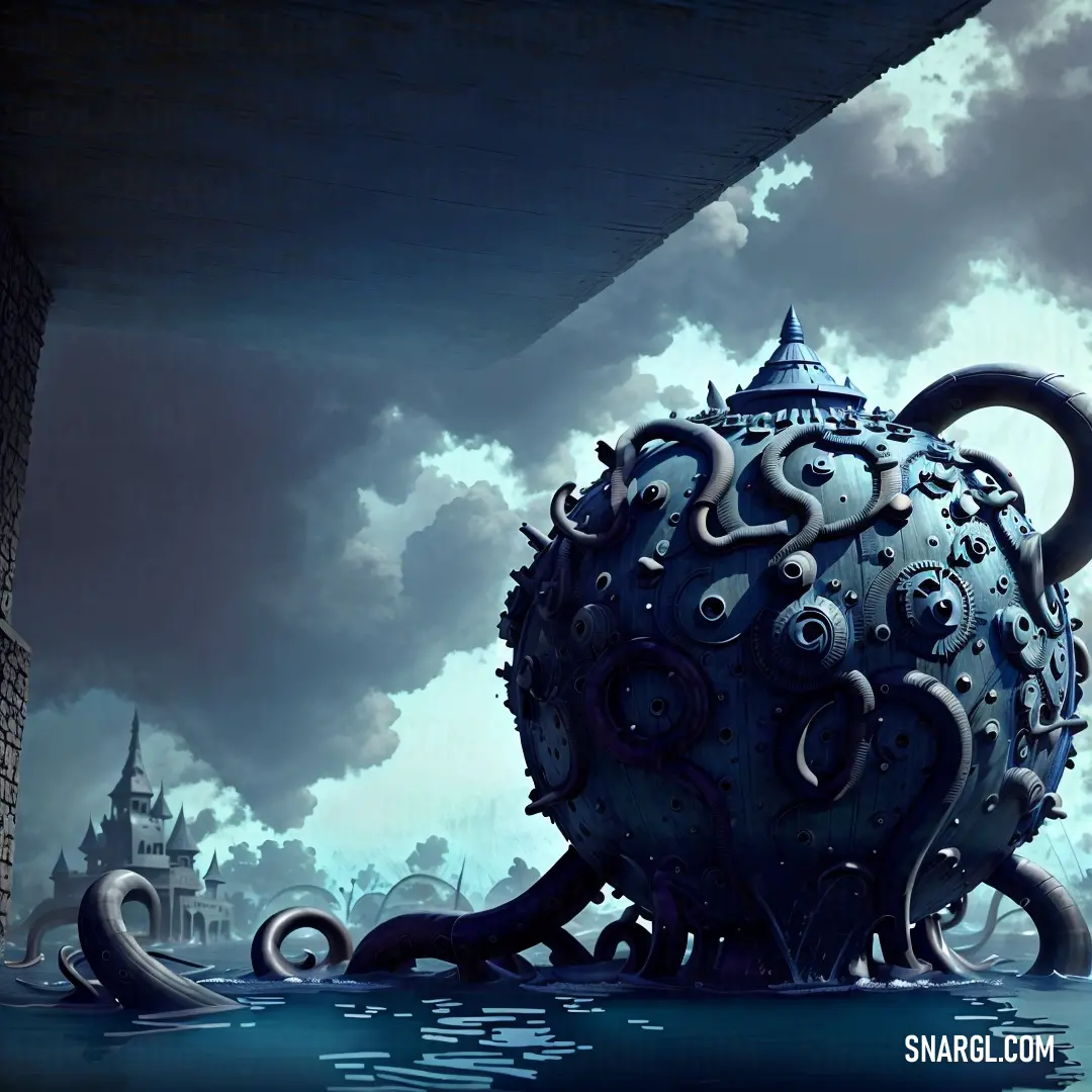 Giant octopus is floating in the water near a building and a bridge with a clock tower in the background