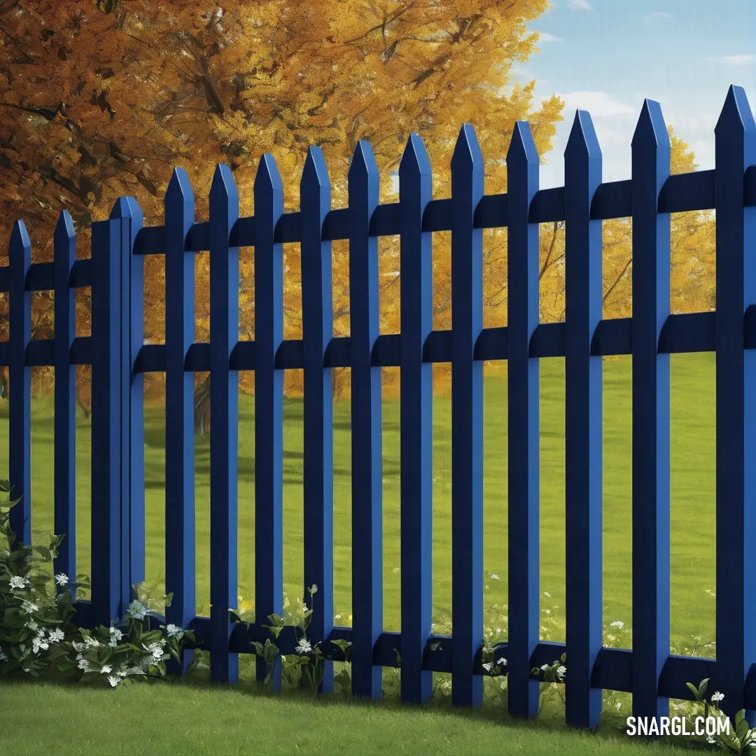 Blue fence in a grassy area with a tree in the background. Example of Oxford Blue color.