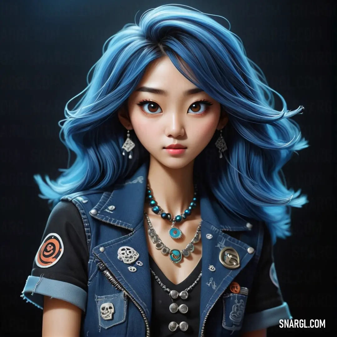 Oxford Blue color. Doll with blue hair and a necklace on it's neck and a black background