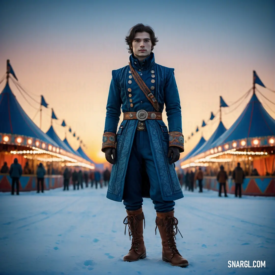 Man in a blue coat and boots standing in the snow in front of a circus tent at sunset. Color #002147.