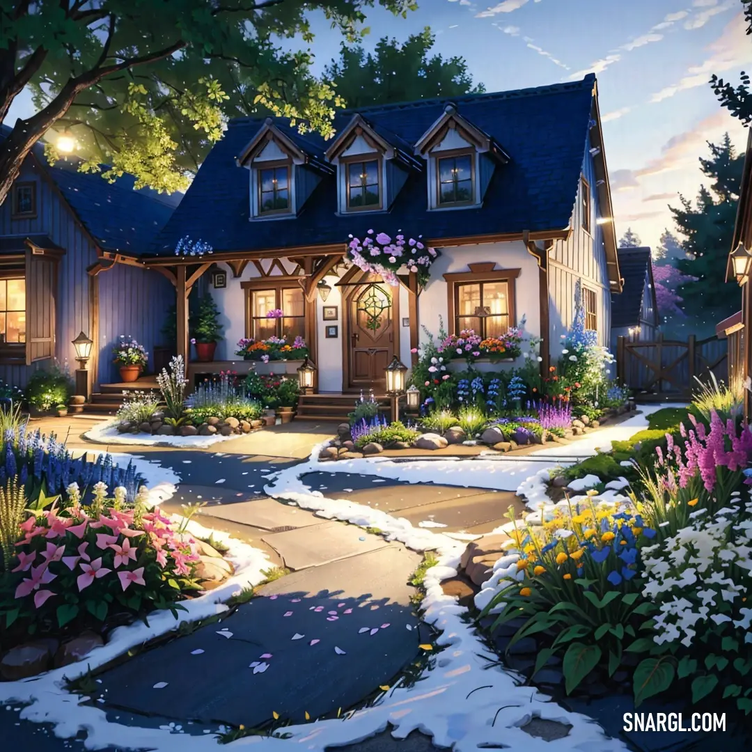 Painting of a house with a pathway leading to it and flowers in the front yard. Example of Oxford Blue color.