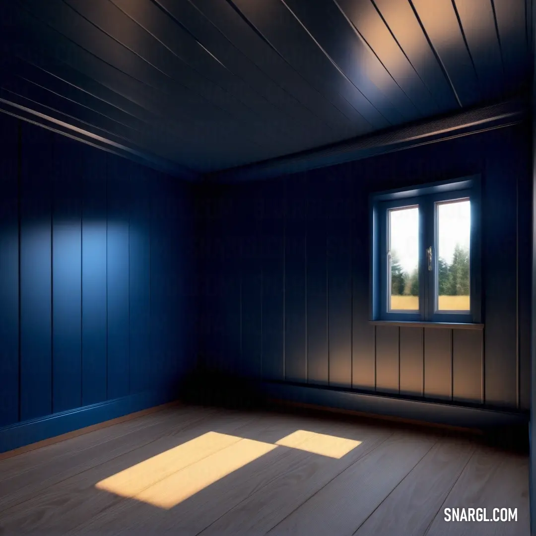 Room with a window and a wooden floor with a light shining on it and a wooden floor. Example of Oxford Blue color.