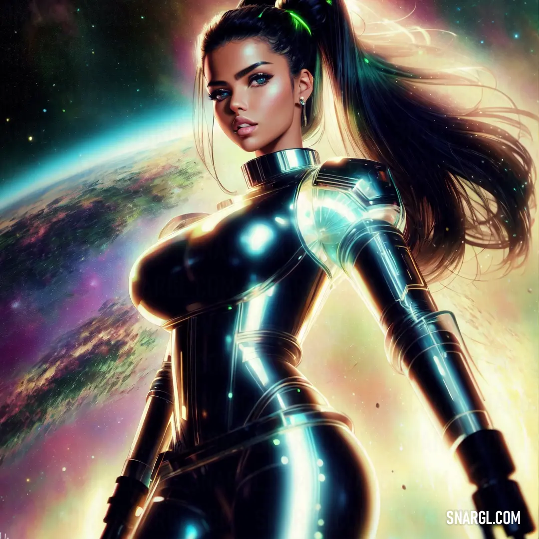 Woman in a futuristic suit standing in front of a planet with a star in the background and a sky with stars