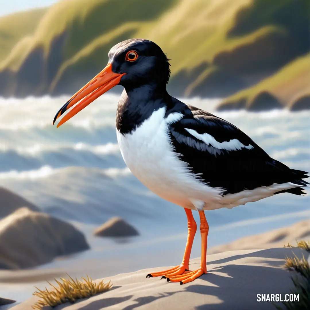 An oystercatcher stands confidently on the beach, with the vast ocean stretching ahead and a breathtaking mountain range rising majestically in the background. The peacefulness of the shore contrasts beautifully with the towering peaks.