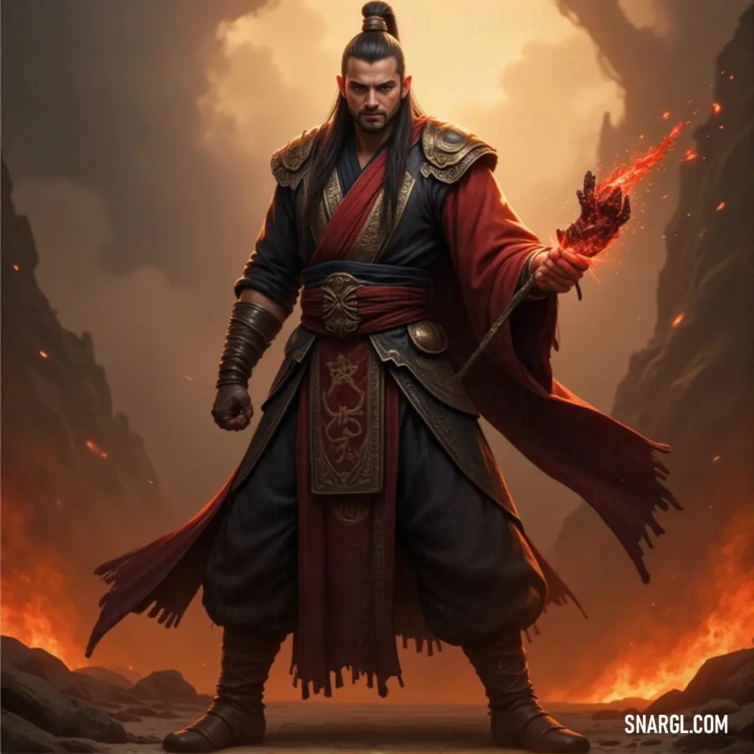 A mysterious figure in a red robe, holding a vibrant red flame, stands in a moment of commanding power. A figure cloaked in a red robe stands tall, their hand raised high, holding a flickering red flame that casts an eerie glow. The intensity in their stance matches the fiery power in their hand.