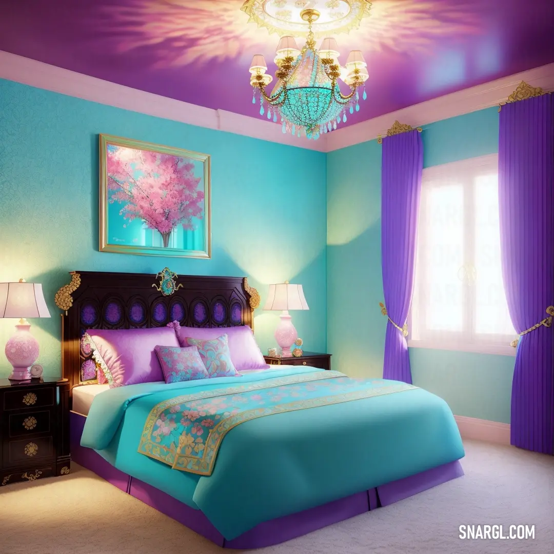 Bedroom with a bed, a chandelier. Color CMYK 86,16,0,21.