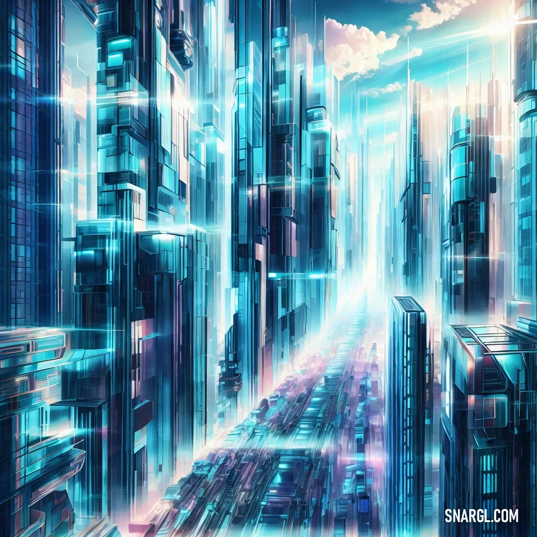 Futuristic city with a sky background and a blue sky with clouds and a blue and white line going through it
