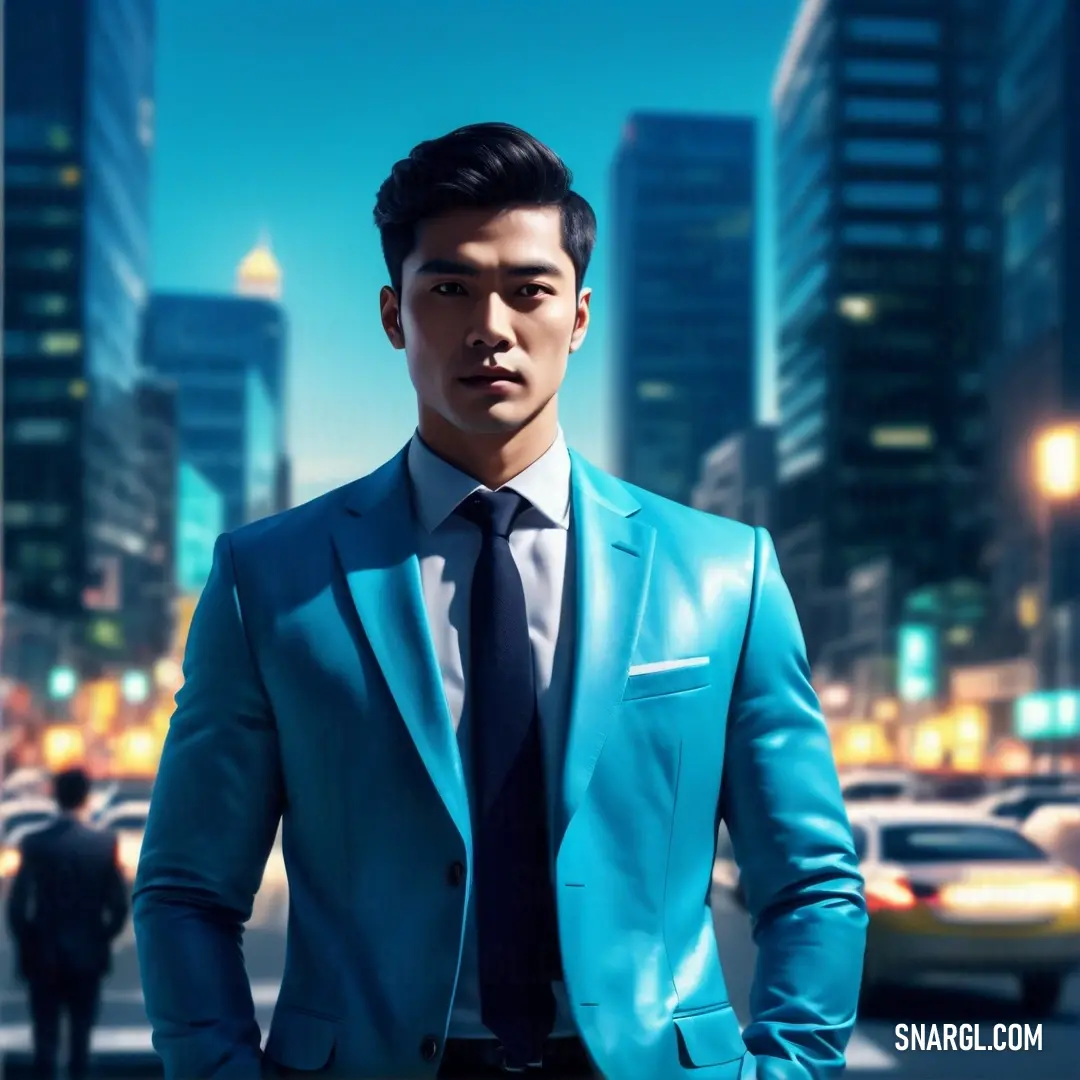 Man in a blue suit standing in front of a city street at night with cars and people in the background. Example of #1CA9C9 color.