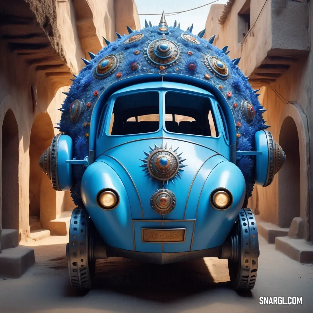 Pacific Blue color example: Blue car with spikes on it's head parked in a narrow alleyway in a city with stone buildings
