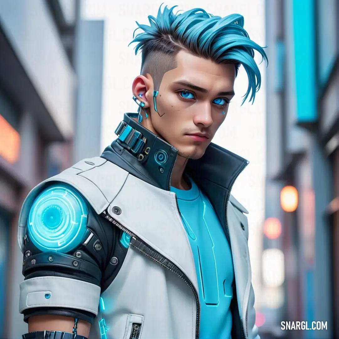 Man with blue hair and piercings in a futuristic suit and earrings. Example of CMYK 86,16,0,21 color.