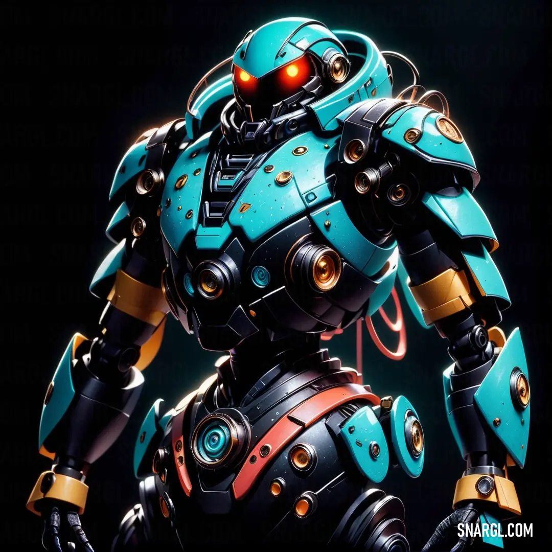 Robot with a red light on its face and a blue body with gold accents and a black background. Example of Pacific Blue color.