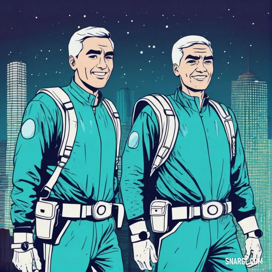 Two men in blue space suits standing in front of a city skyline with stars in the sky. Color RGB 28,169,201.