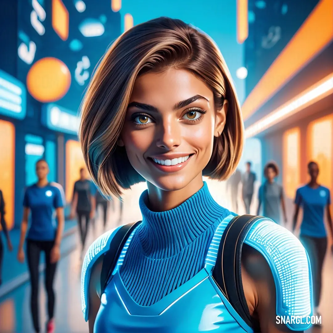 Woman in a blue dress is smiling for the camera in a futuristic city setting with people walking around. Color #1CA9C9.