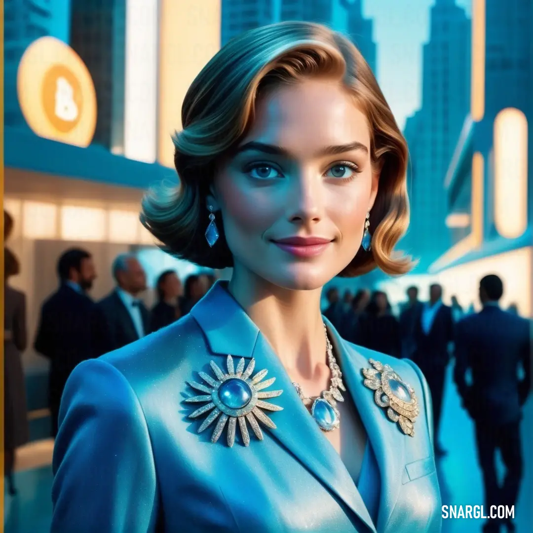Woman in a blue suit and a necklace in a city setting with people walking around her and a building in the background