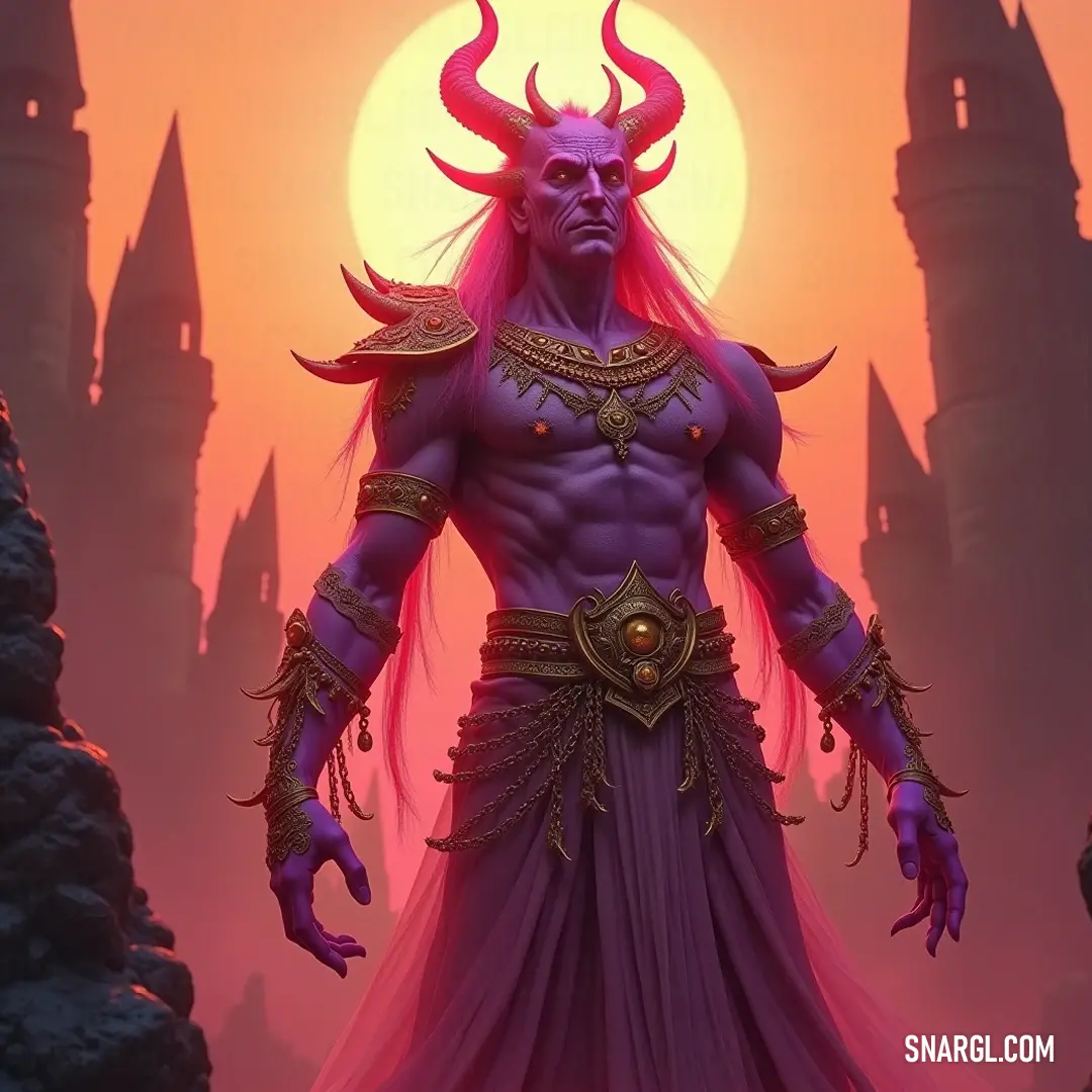 An enchanting yet eerie figure, highlighted by the vibrant hues of a setting sun, embodies a blend of beauty and darkness in her regal attire, captivating all who gaze upon her. A sinister being with striking horns and an extravagant purple gown adorned with golden accents poses against the backdrop of a fiery sunset, casting a shadow of both beauty and menace in twilight.