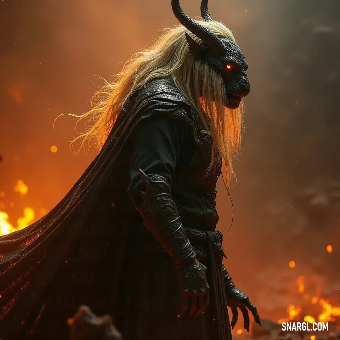 Paimon, adorned with horns and a demon mask, stands bold against a backdrop of a burning sky, merging darkness and intensity in a captivating display of otherworldly presence. Paimon dons an elaborate horned costume, standing defiantly before a sky ablaze with fiery colors. The flames illuminate his demon mask, adding a chilling touch to this dramatic and electrifying scene.