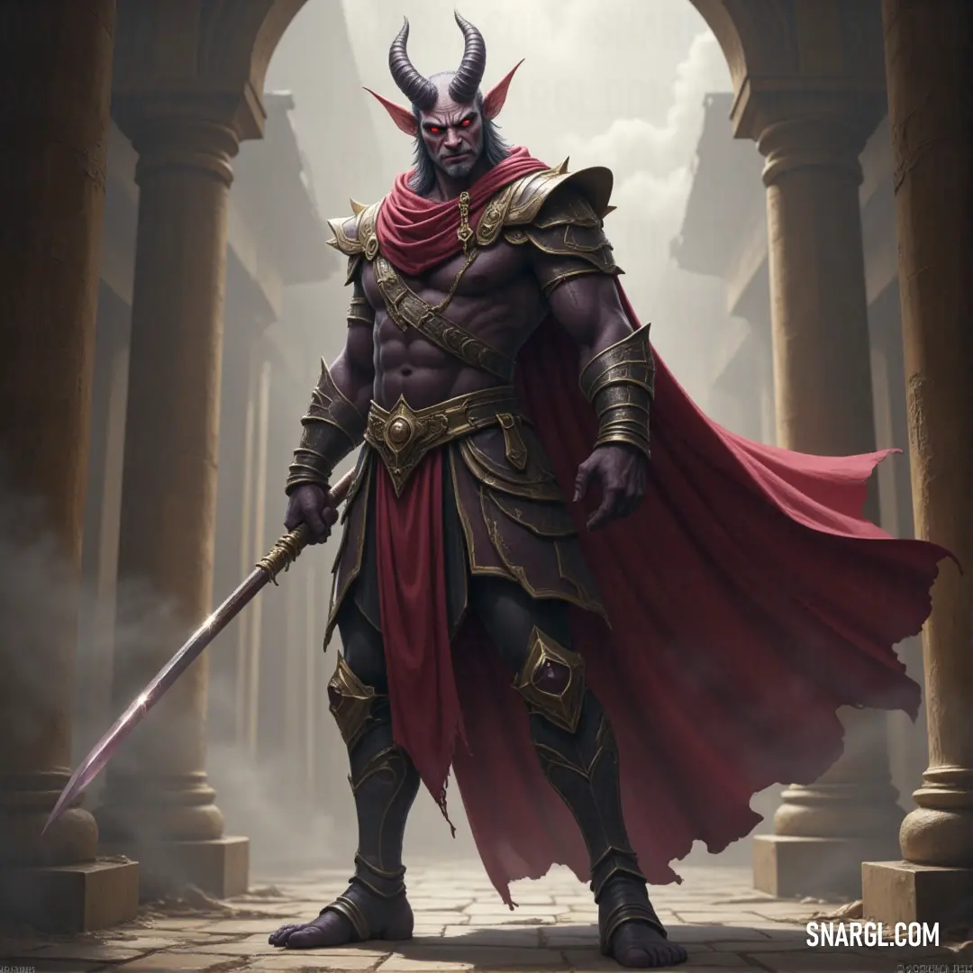 Paimon, in a horned costume and helmet, stands tall with sword in hand and cape flowing. The horns and dark, mystical aura around them enhance their commanding presence. Paimon, dressed in a horned costume and helmet, holds a sword while wearing a cape adorned with horns. Their powerful appearance exudes strength, as they stand amidst an enigmatic, mystical atmosphere.