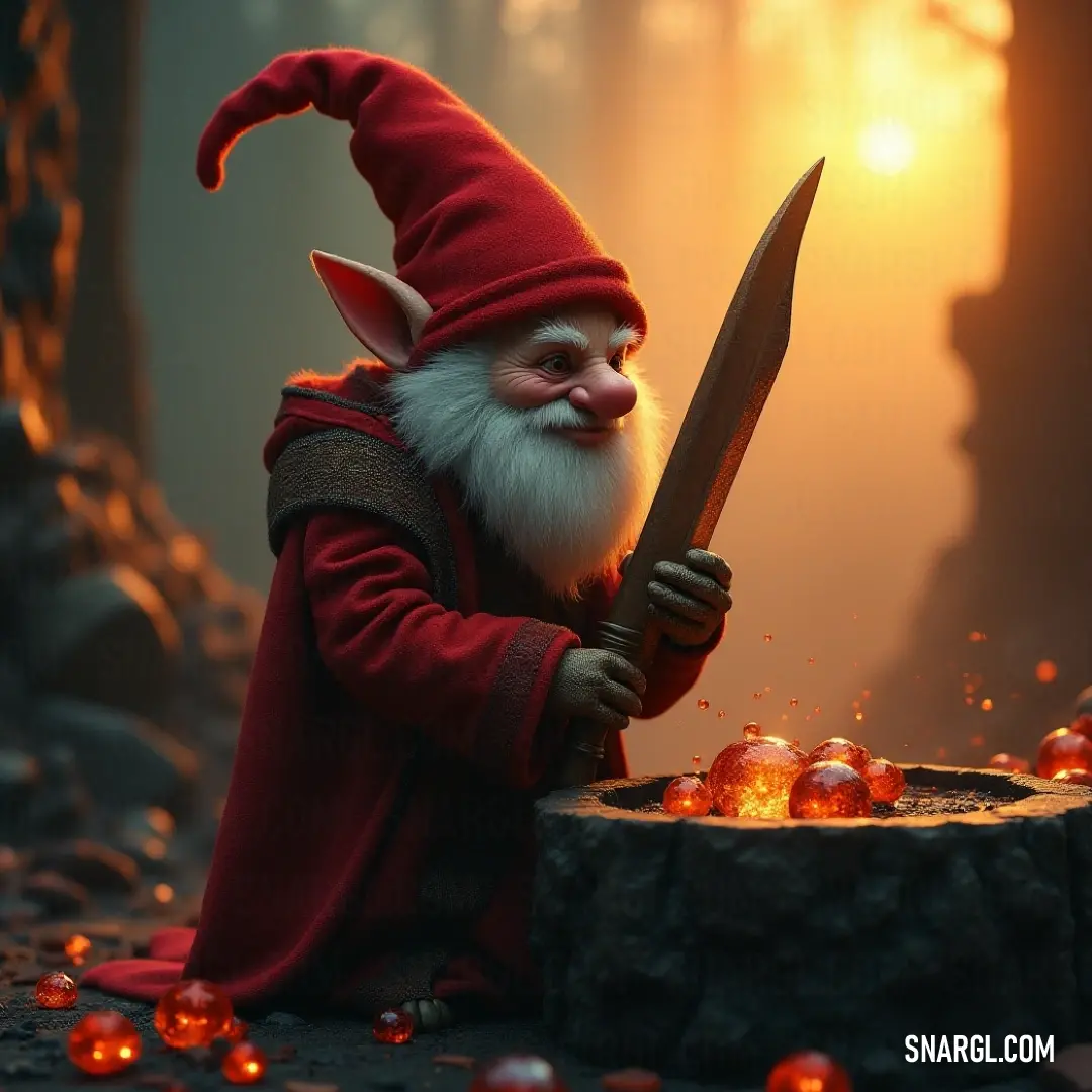Paja-Tomte with a knife near a glowing fire pit, surrounded by pumpkins, creating a warm and inviting atmosphere. Paja-Tomte, gripping a knife, stands beside a cozy fire pit surrounded by pumpkins. The warm glow of the light highlights the peaceful ambiance of the scene, blending comfort and festivity beautifully.