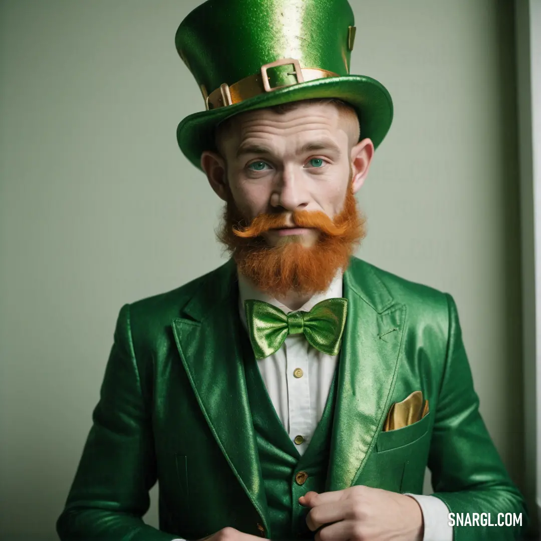 Man in a green suit and a red beard wearing a green hat and a green jacket with a gold buckle. Example of RGB 0,102,0 color.
