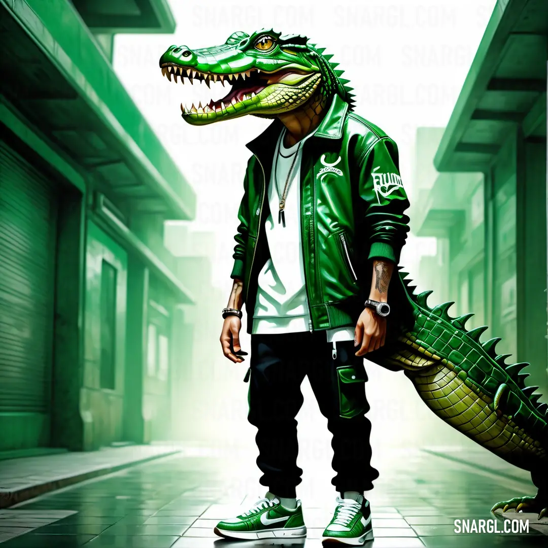 Man in a green jacket and sneakers standing next to a crocodile in a hallway with green walls. Color CMYK 100,0,100,60.