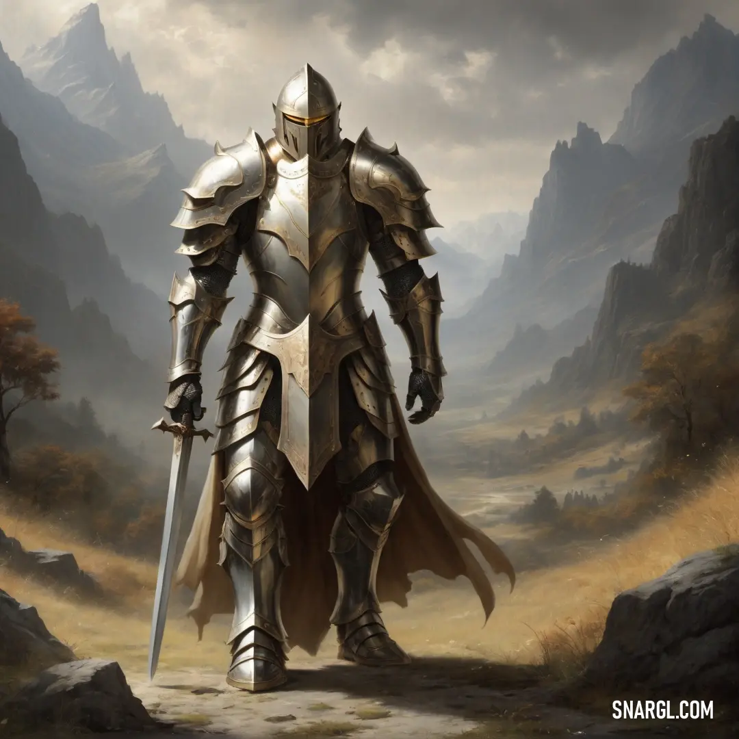 Knight in a fantasy setting with a sword in his hand and a mountain in the background