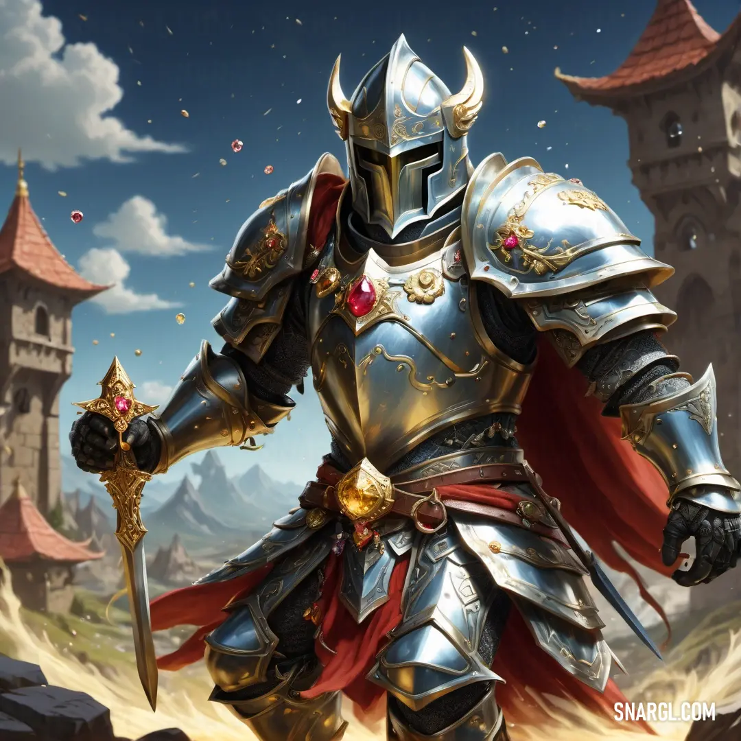 Knight in armor with a sword in his hand and a castle in the background