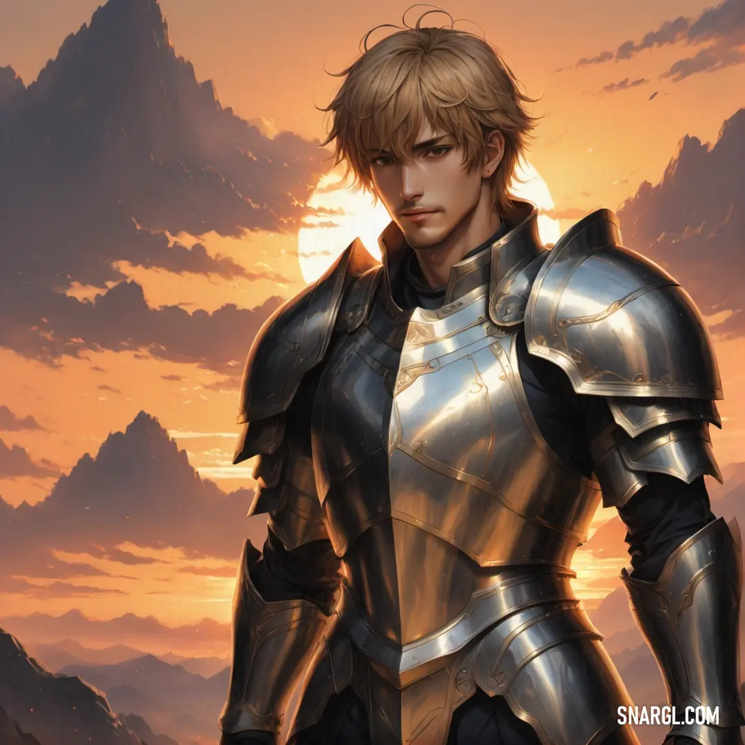 Paladin in a armor standing in front of a sunset with mountains in the background