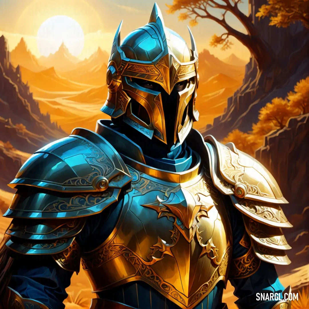 Paladin in a armor standing in a desert area with a sunset behind him and a mountain in the background