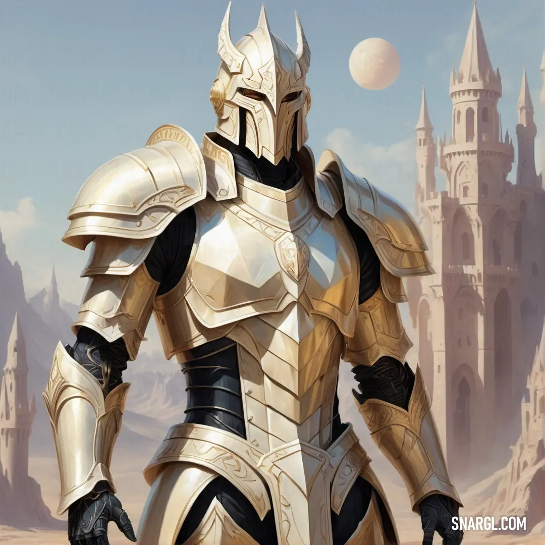 Paladin in a armor standing in front of a castle with a moon in the sky behind him