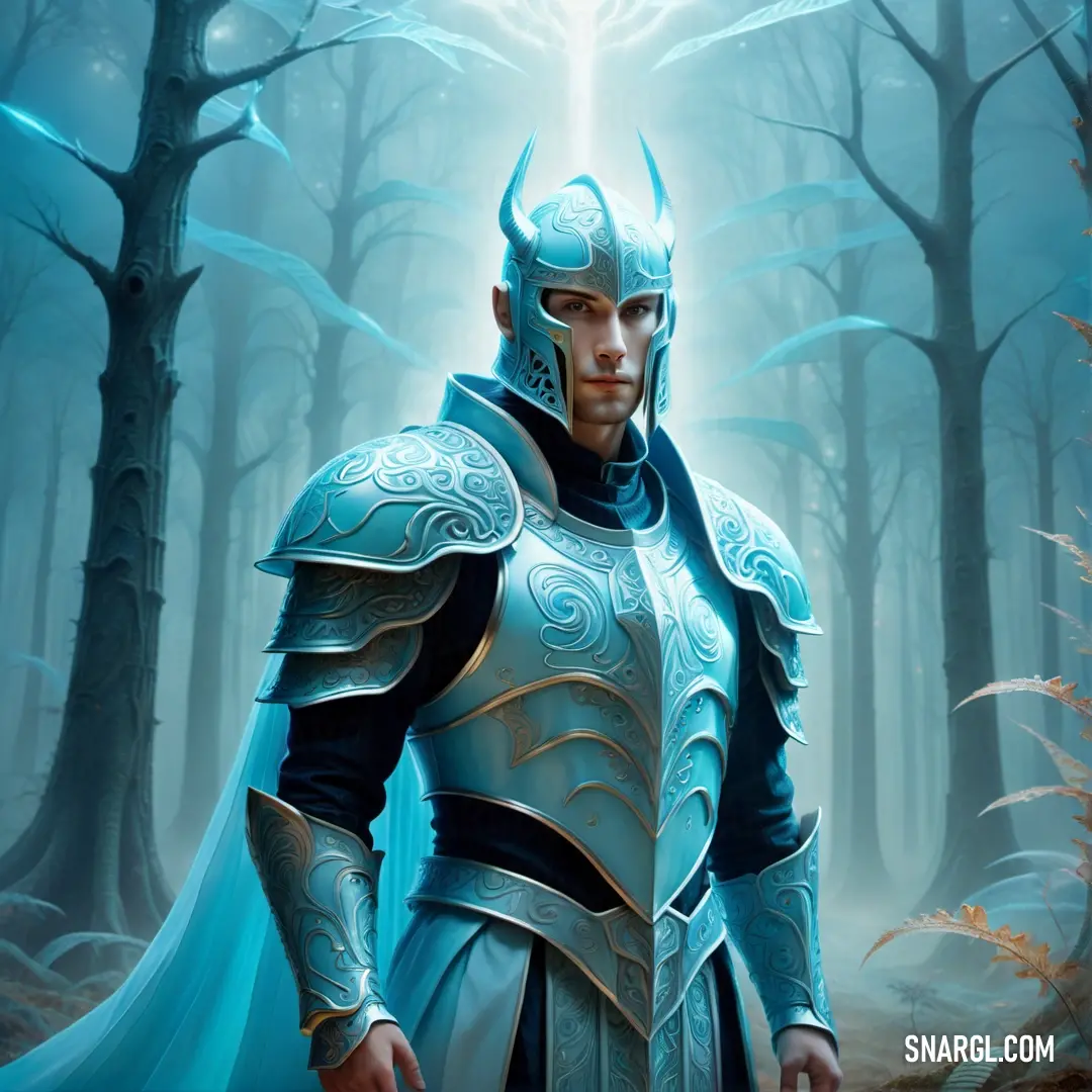 Paladin in a blue armor standing in a forest with a sword in his hand and a glowing halo above his head