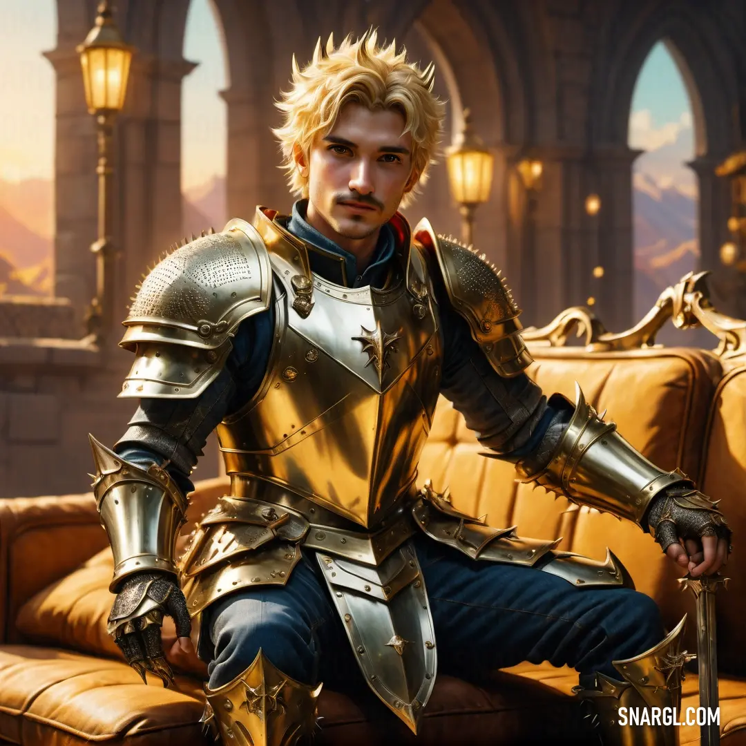 Paladin in a gold armor on a couch in a castle setting with a sword in his hand